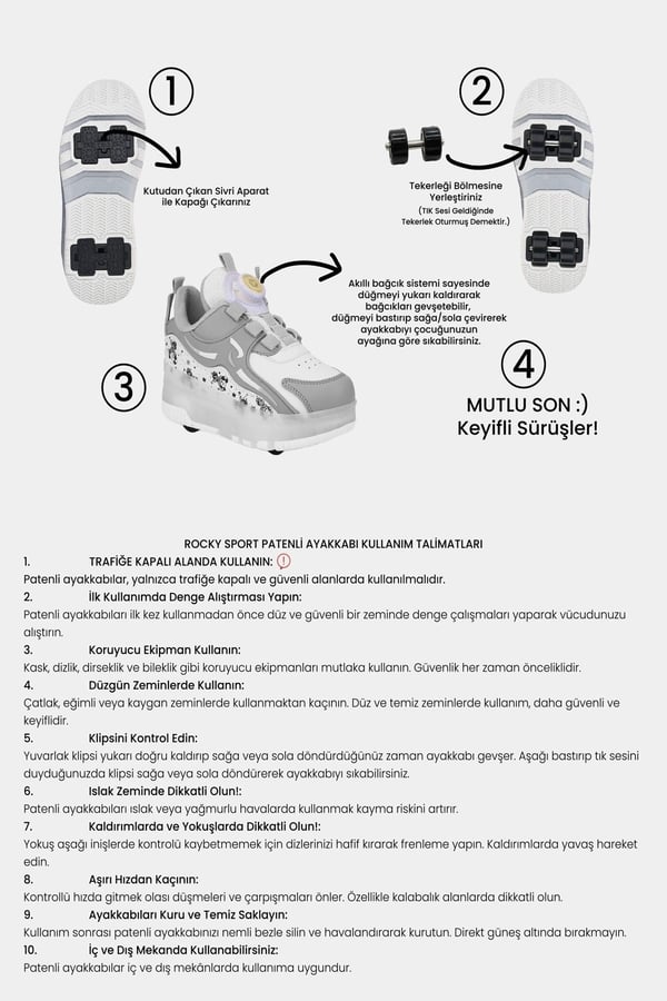 Patenli Çocuk Ortopedik Işıklı Tekerlekli Rocky Spor Kaykay 4 Tekerli Ayakkabı