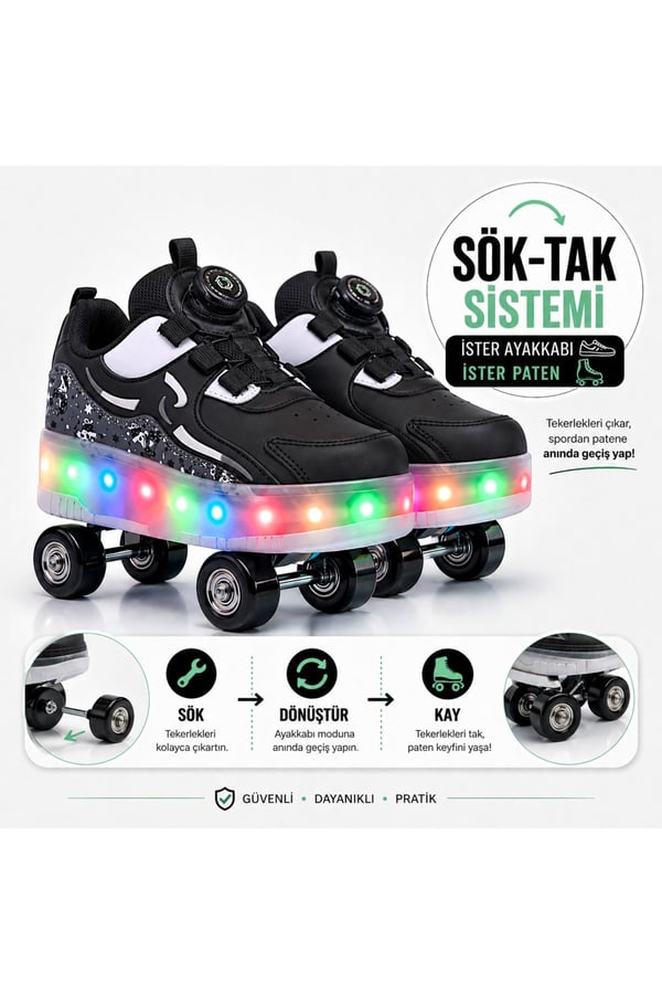 PATENLİ IŞIKLI ORTOPEDİK SPOR AYAKKABISI 4 TEKERLEKLİ PATEN (ONN-OFF TUŞLU)