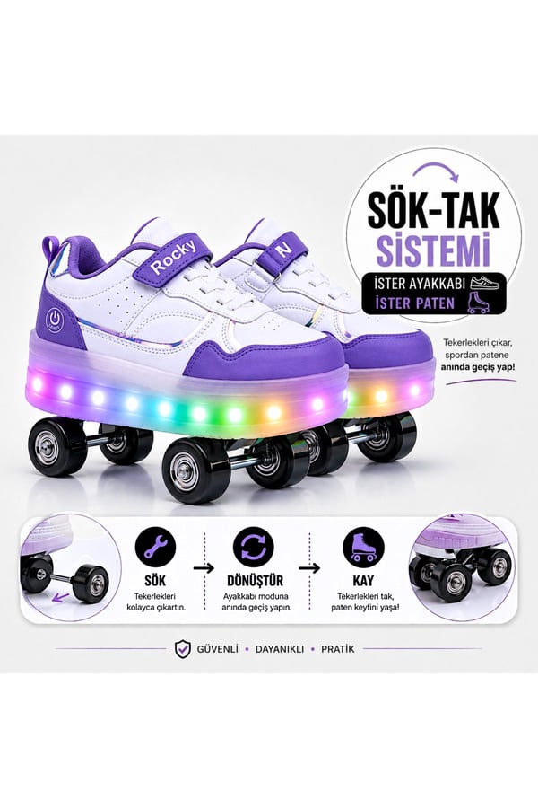 PATENLİ IŞIKLI ORTOPEDİK SPOR AYAKKABISI 4 TEKERLEKLİ PATEN (ONN-OFF TUŞLU)