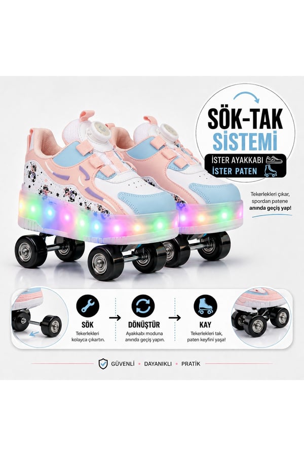 PATENLİ IŞIKLI ORTOPEDİK SPOR AYAKKABISI 4 TEKERLEKLİ PATEN (ONN-OFF TUŞLU)