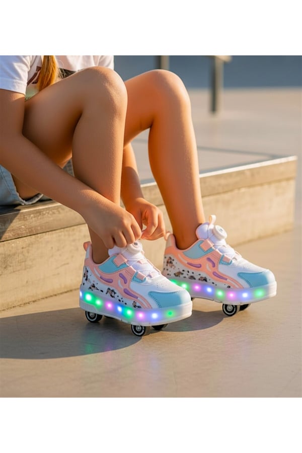 PATENLİ IŞIKLI PEMBE SPOR AYAKKABISI 4 TEKERLEKLİ PATEN