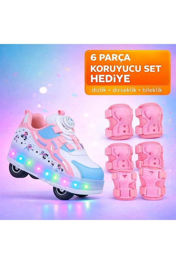 PATENLİ IŞIKLI PEMBE SPOR AYAKKABISI 4 TEKERLEKLİ PATEN