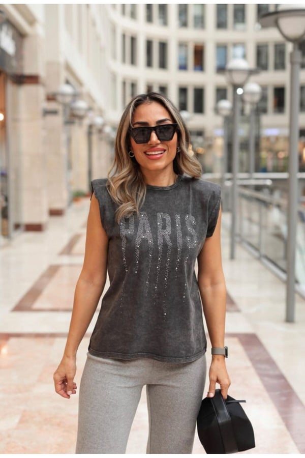 Antrasit Paris Taşlı Tshirt