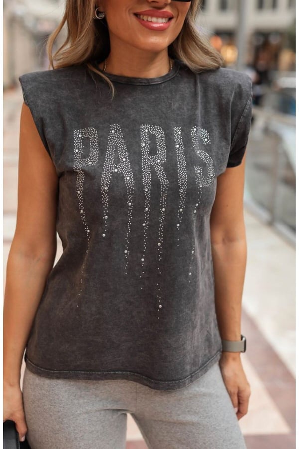 Antrasit Paris Taşlı Tshirt