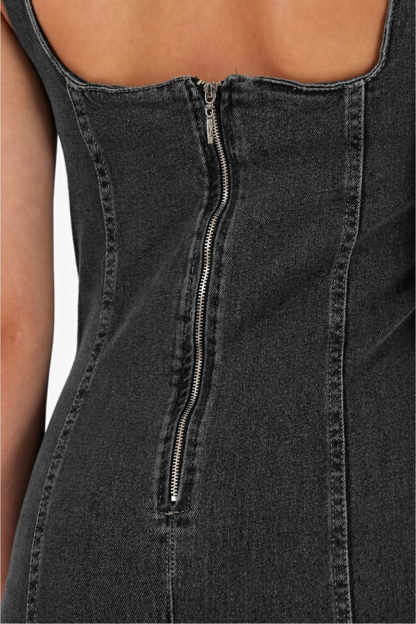 Arkadan Yırtmaçlı Fermuarlı Kalın Asklı Kot Elbise Denim Elbise