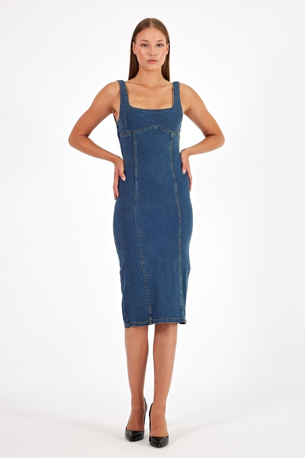 Arkadan Yırtmaçlı Fermuarlı Kalın Asklı Kot Elbise Denim Elbise