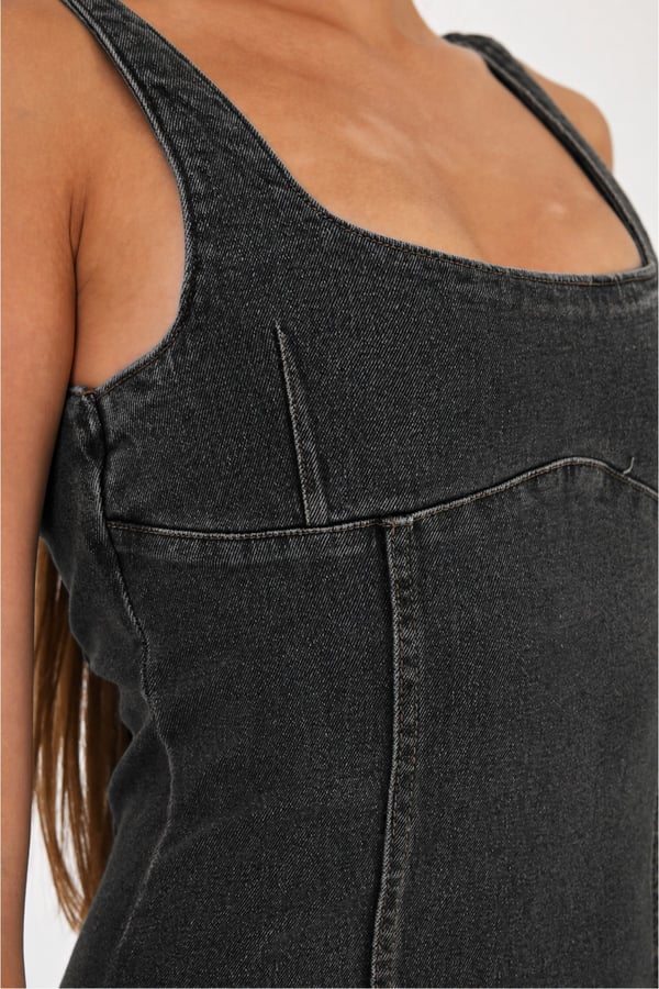 Arkadan Yırtmaçlı Fermuarlı Kalın Asklı Kot Elbise Denim Elbise