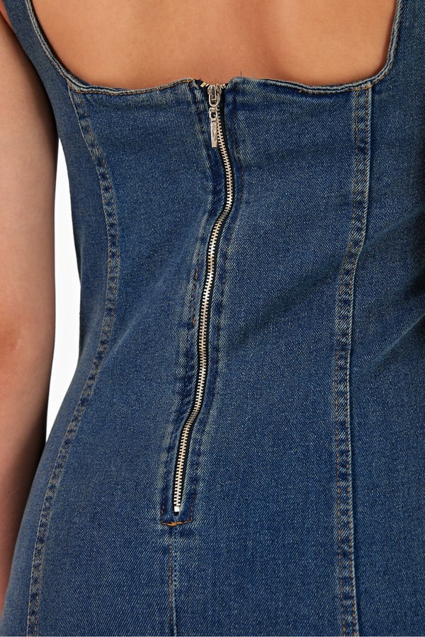 Arkadan Yırtmaçlı Fermuarlı Kalın Asklı Kot Elbise Denim Elbise