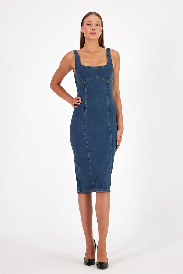 Arkadan Yırtmaçlı Fermuarlı Kalın Asklı Kot Elbise Denim Elbise