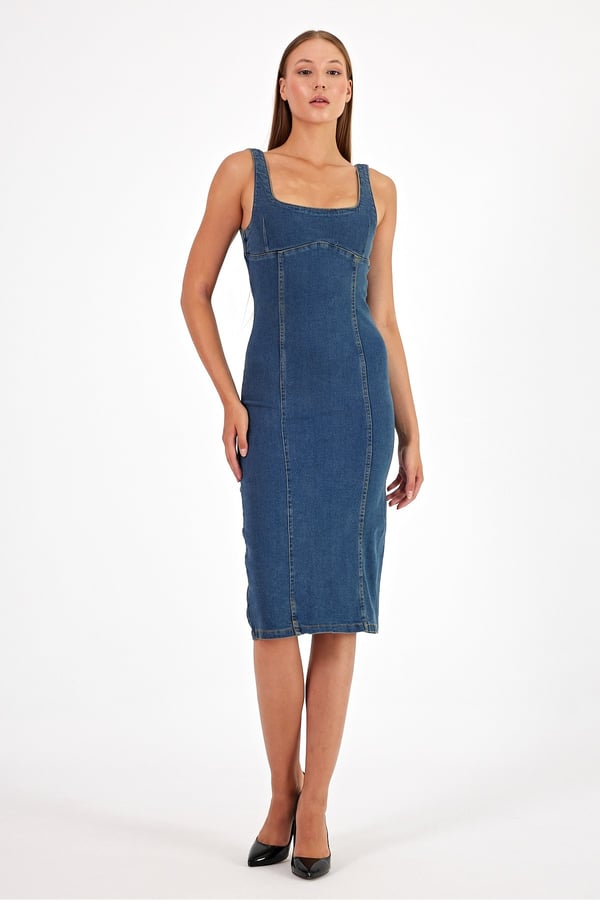 Arkadan Yırtmaçlı Fermuarlı Kalın Asklı Kot Elbise Denim Elbise