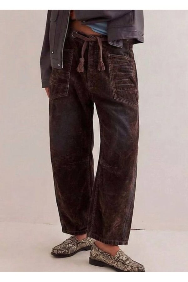 Baggy Geniş Bacak Kot Kadınlar için Vintage Düşük Bel Çan Alt Cepli Pantolon