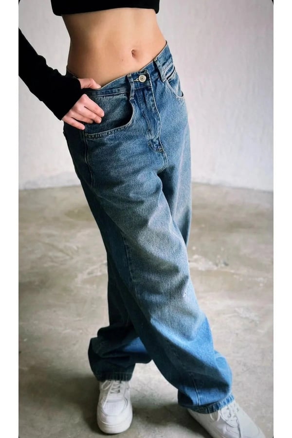 Baggy Toka Detaylı Bol Kesim Geniş Paça Rahat Baggy Jean Kot Pantolon