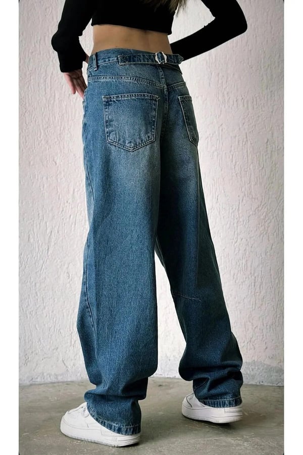 Baggy Toka Detaylı Bol Kesim Geniş Paça Rahat Baggy Jean Kot Pantolon