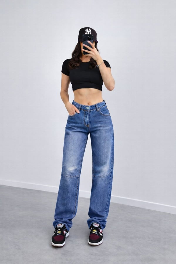 Baggy Toka Detaylı Bol Kesim Geniş Paça Rahat Baggy Jean Kot Pantolon