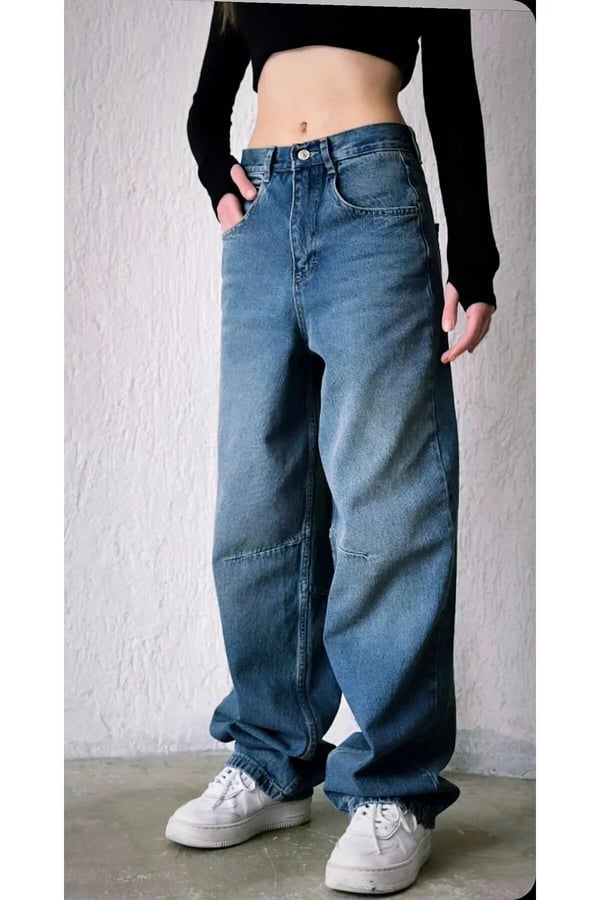 Baggy Toka Detaylı Bol Kesim Geniş Paça Rahat Baggy Jean Kot Pantolon