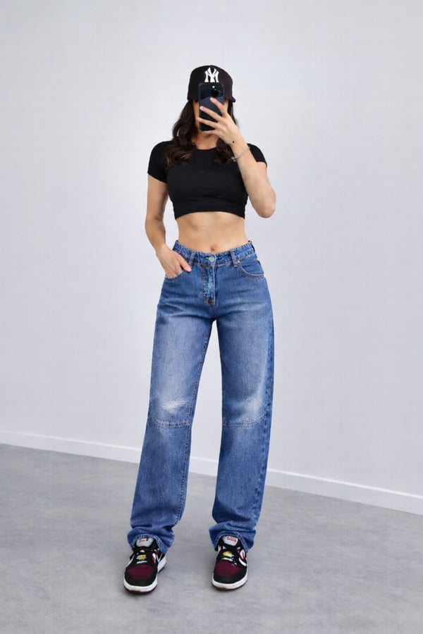 Baggy Toka Detaylı Bol Kesim Geniş Paça Rahat Baggy Jean Kot Pantolon