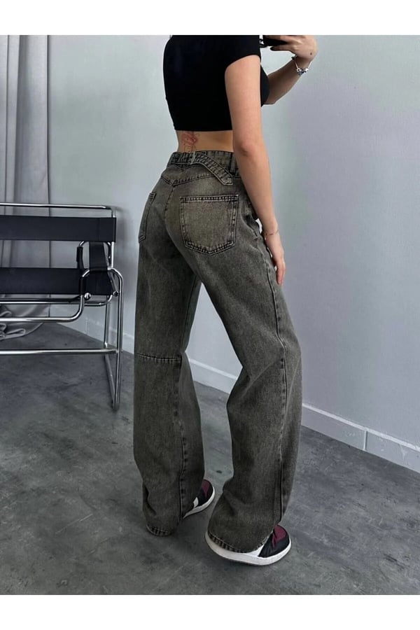 Baggy Toka Detaylı Bol Kesim Geniş Paça Rahat Baggy Jean Kot Pantolon