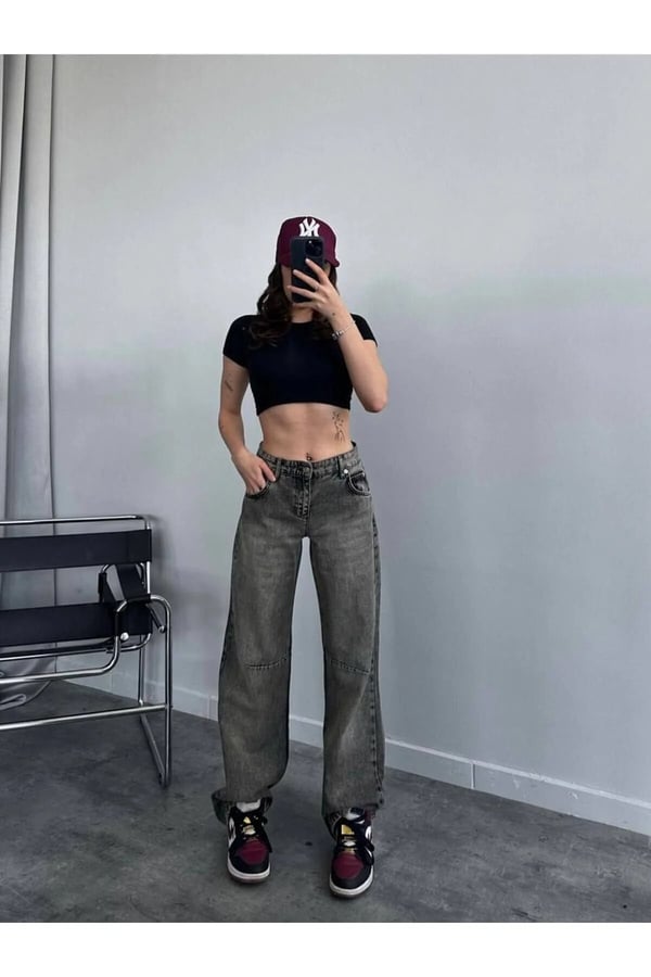 Baggy Toka Detaylı Bol Kesim Geniş Paça Rahat Baggy Jean Kot Pantolon