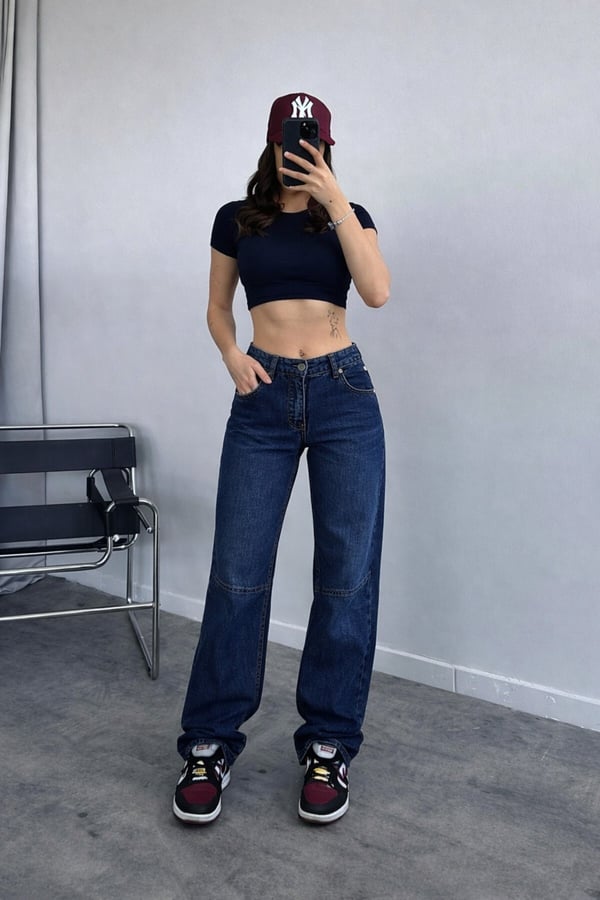 Baggy Toka Detaylı Bol Kesim Geniş Paça Rahat Baggy Jean Kot Pantolon