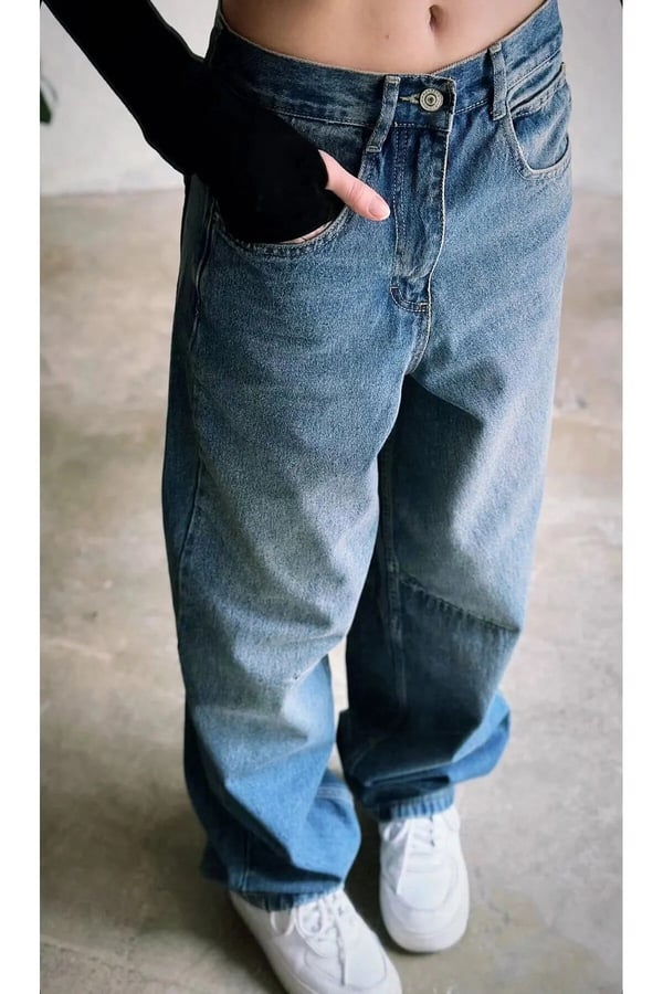 Baggy Toka Detaylı Bol Kesim Geniş Paça Rahat Baggy Jean Kot Pantolon