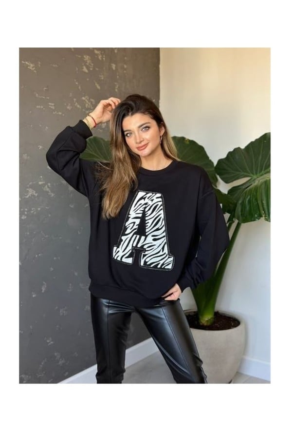 Basic Salaş Orijinal Marka Zebra Desenli Siyah Sweatshirt