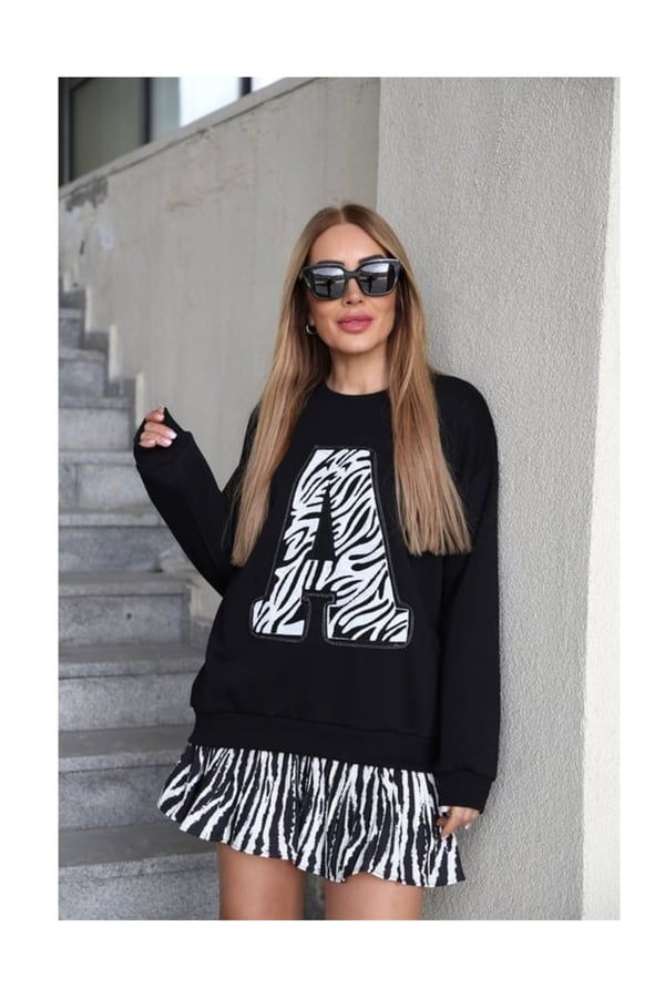 Basic Salaş Orijinal Marka Zebra Desenli Siyah Sweatshirt