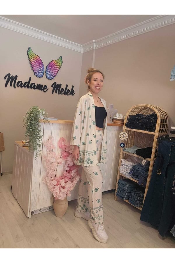 Beli Lastikli Keten Baskılı Kadın Kimono Pantolon Takımı