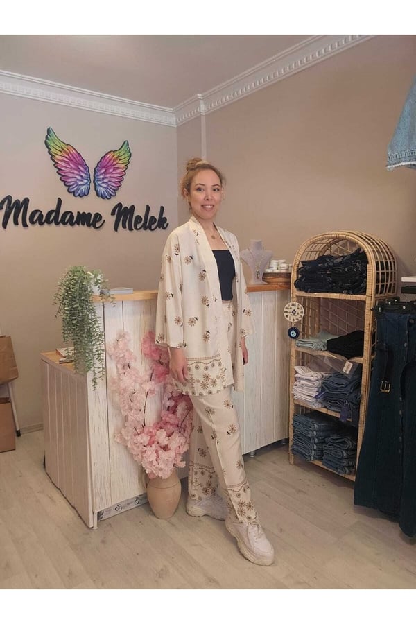 Beli Lastikli Keten Baskılı Kadın Kimono Pantolon Takımı