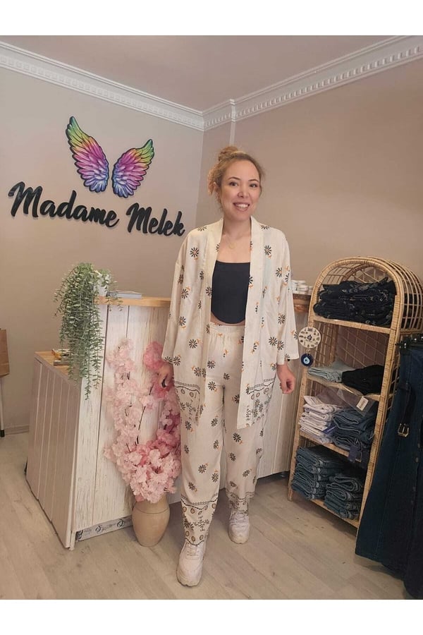 Beli Lastikli Keten Baskılı Kadın Kimono Pantolon Takımı