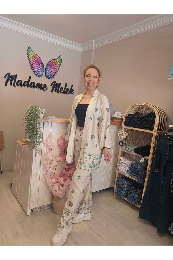 Beli Lastikli Keten Baskılı Kadın Kimono Pantolon Takımı