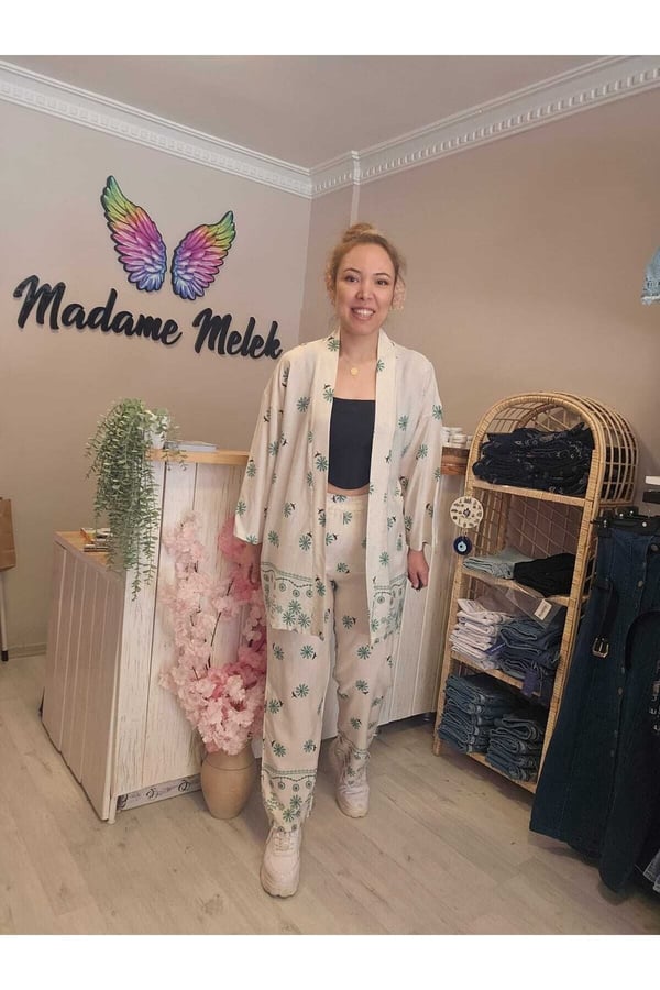 Beli Lastikli Keten Baskılı Kadın Kimono Pantolon Takımı