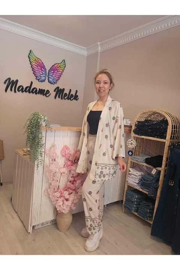 Beli Lastikli Keten Baskılı Kadın Kimono Pantolon Takımı