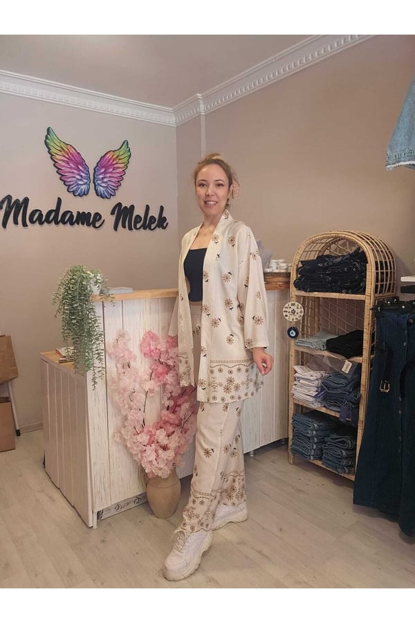 Beli Lastikli Keten Baskılı Kadın Kimono Pantolon Takımı