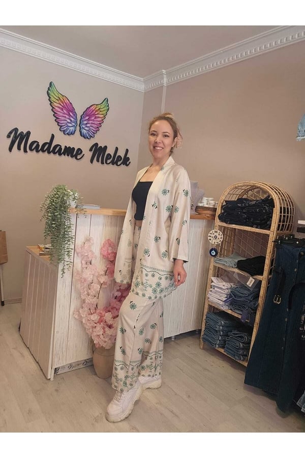 Beli Lastikli Keten Baskılı Kadın Kimono Pantolon Takımı
