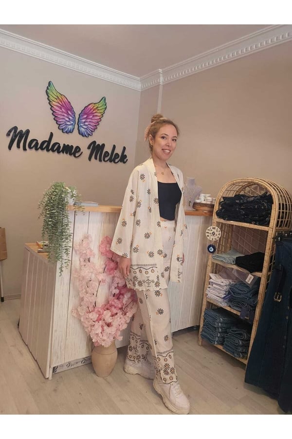 Beli Lastikli Keten Baskılı Kadın Kimono Pantolon Takımı