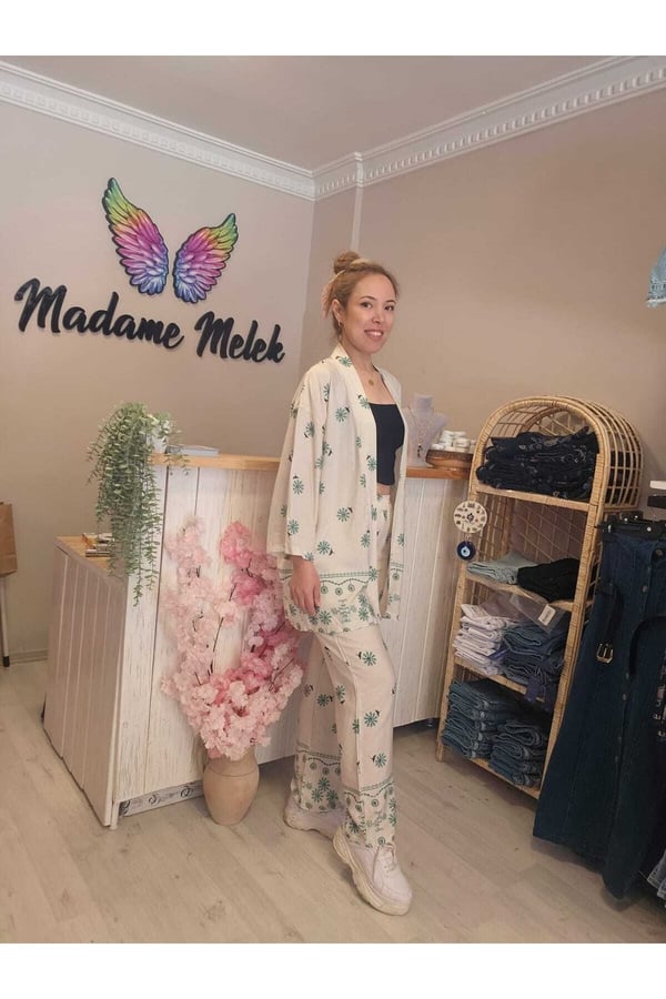 Beli Lastikli Keten Baskılı Kadın Kimono Pantolon Takımı