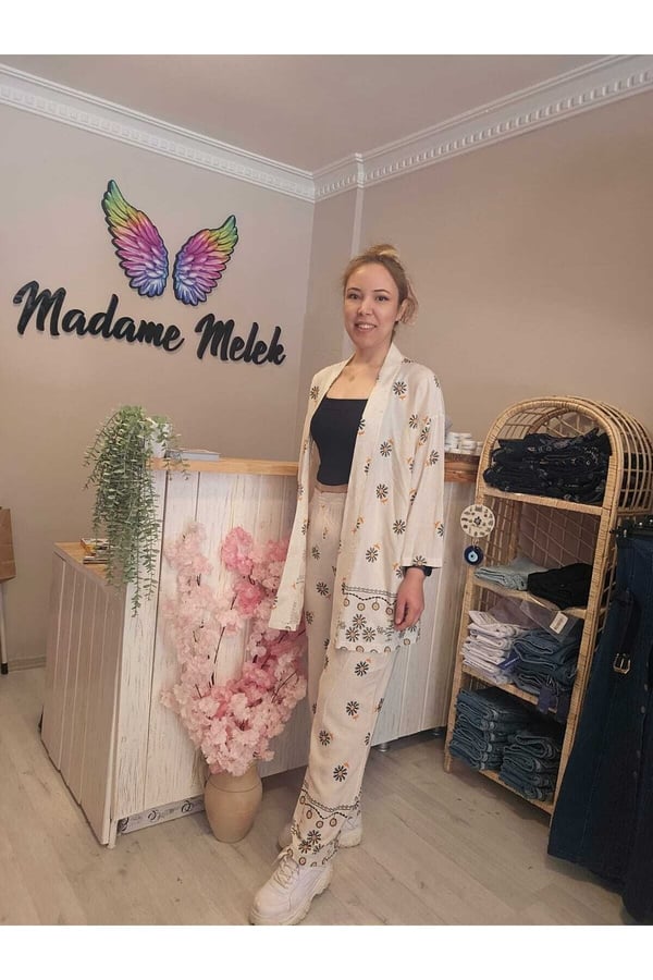 Beli Lastikli Keten Baskılı Kadın Kimono Pantolon Takımı