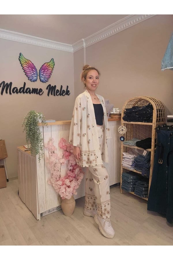 Beli Lastikli Keten Baskılı Kadın Kimono Pantolon Takımı