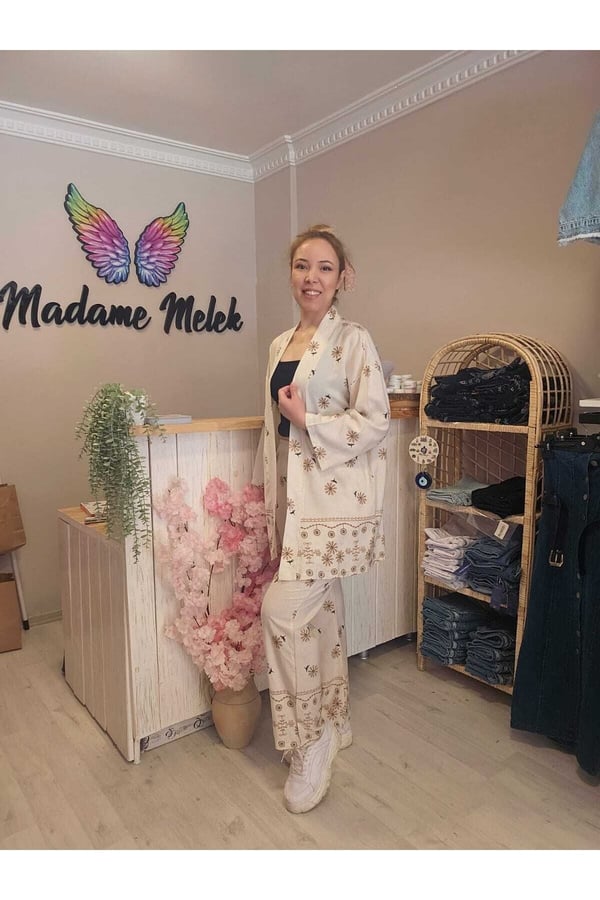 Beli Lastikli Keten Baskılı Kadın Kimono Pantolon Takımı