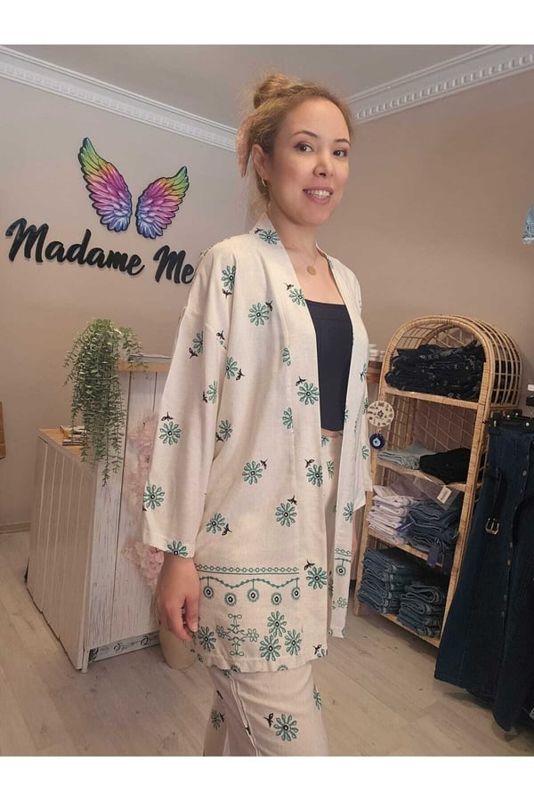 Beli Lastikli Keten Baskılı Kadın Kimono Pantolon Takımı