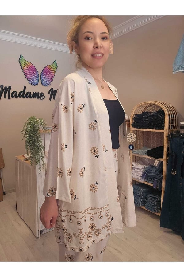 Beli Lastikli Keten Baskılı Kadın Kimono Pantolon Takımı