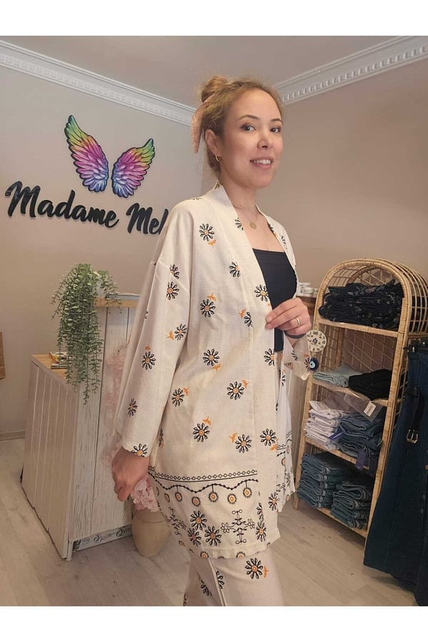 Beli Lastikli Keten Baskılı Kadın Kimono Pantolon Takımı