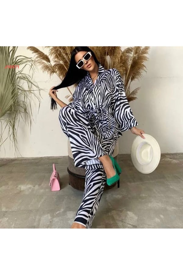 Bol Paça Pantolon Bluz Takım Zebra Desen Kimono Takım