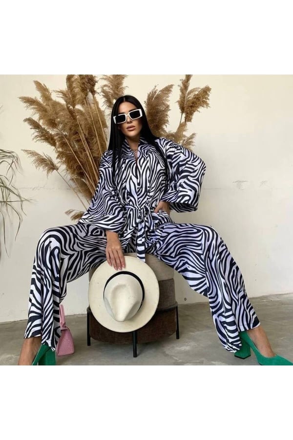 Bol Paça Pantolon Bluz Takım Zebra Desen Kimono Takım