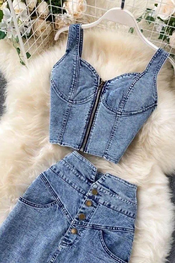 Büstiyer Etek Takım Kot Takım Crop Etek Takım Yeni Sezon Takım