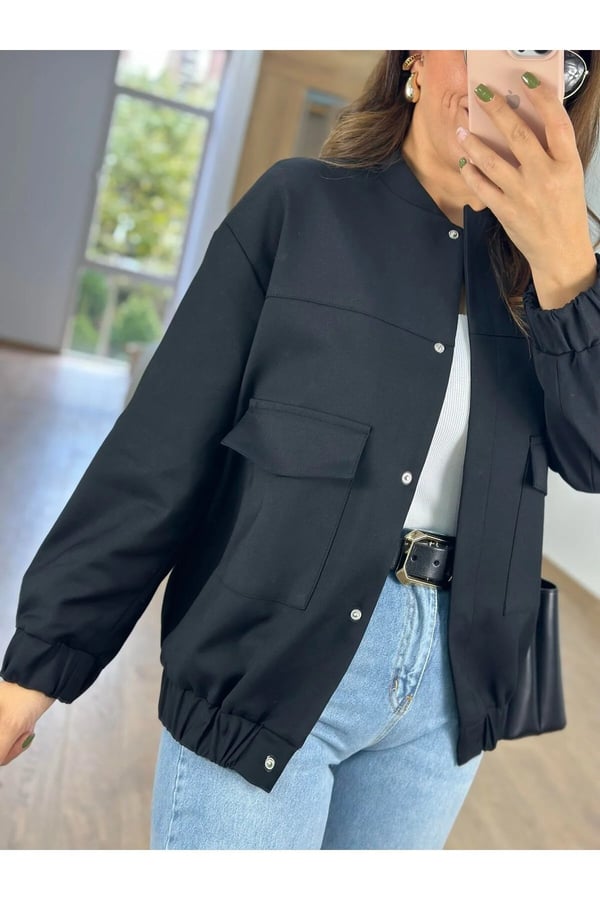 Büyük Cepli Önü Çıtçıtlı Bomber Ceket Mont İthal Kumaş Yüksek Kalite
