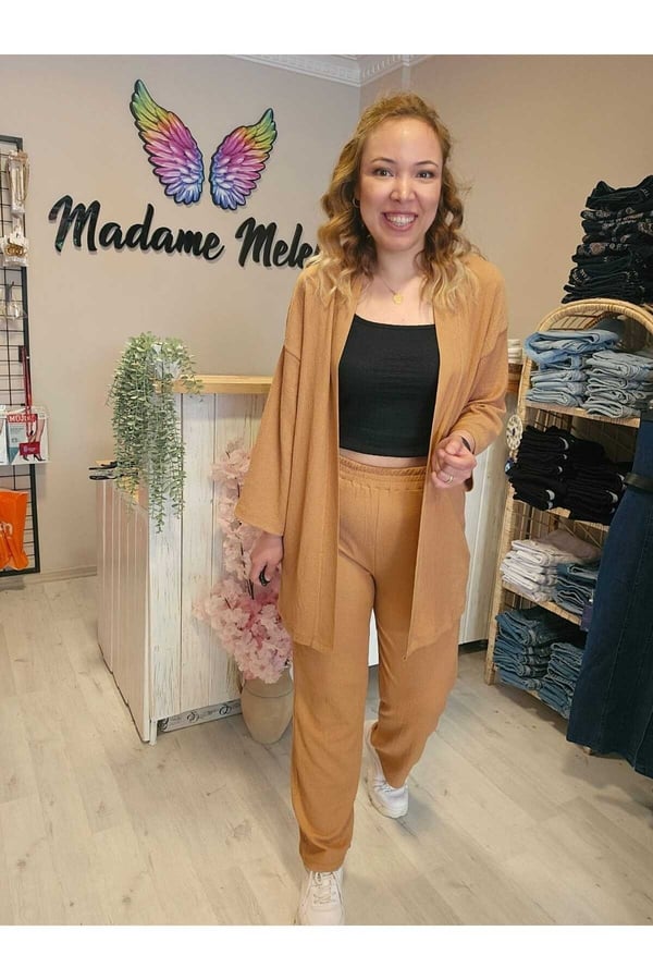 Camel Renk Kadın Kimono Bürümcük Kumaş Alt-üst Takım
