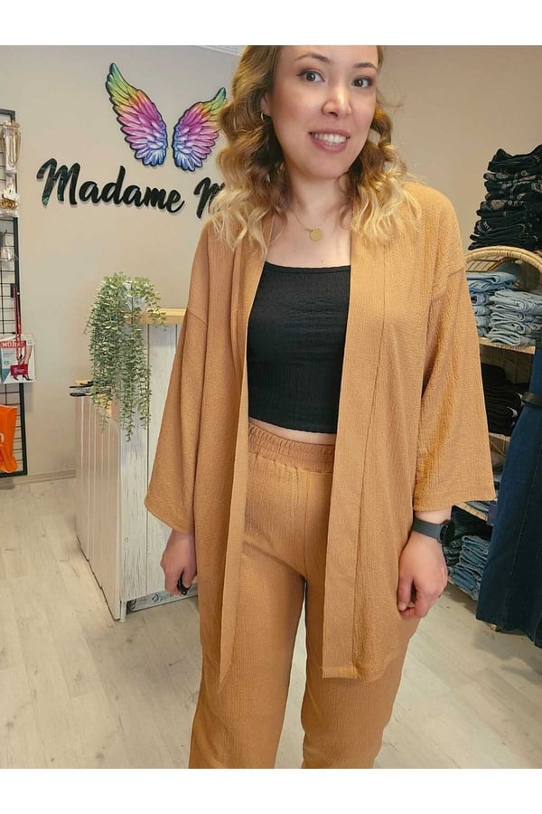Camel Renk Kadın Kimono Bürümcük Kumaş Alt-üst Takım