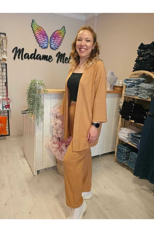 Camel Renk Kadın Kimono Bürümcük Kumaş Alt-üst Takım
