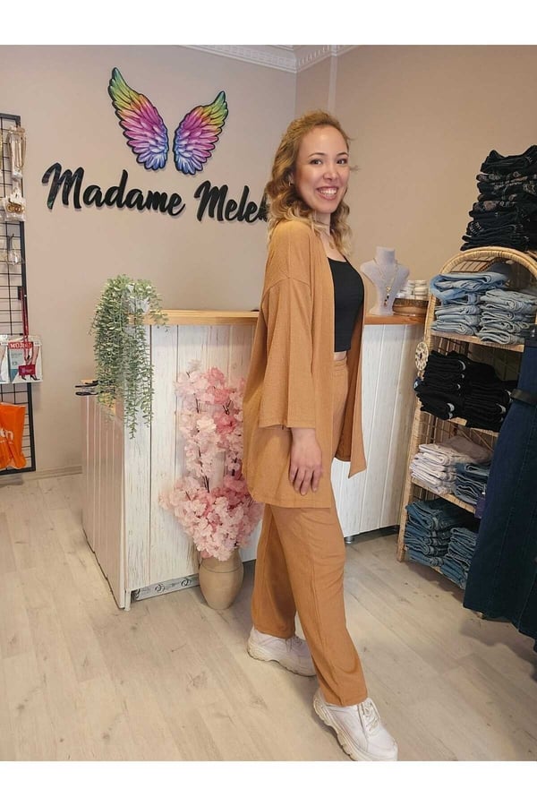 Camel Renk Kadın Kimono Bürümcük Kumaş Alt-üst Takım